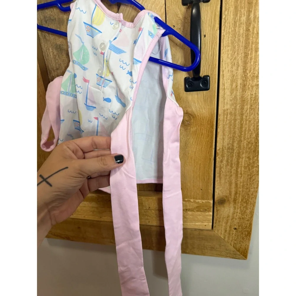 Stitchy Fish Baby Girl Sailboat Print Side Tie Bow Top Pink White 9M